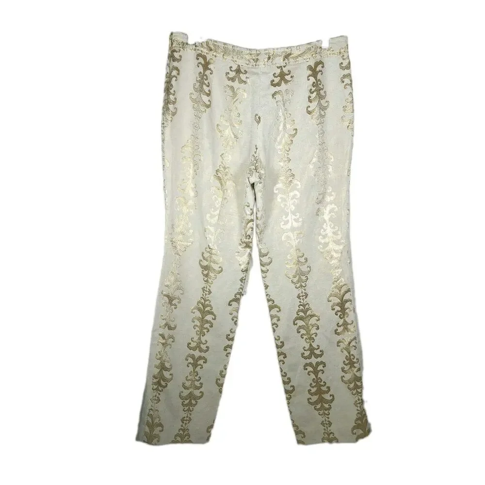 Tory Burch Women's Sz8 Gold and Cream Linen Blend Filigree Print Ankle Pants NWT
